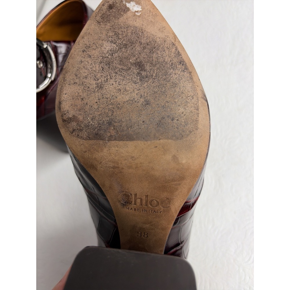 Chloe‎ Burgundy Mock Croc Embossed Leather Slingback Mules Size 38 Block Heel - Picture 6 of 9